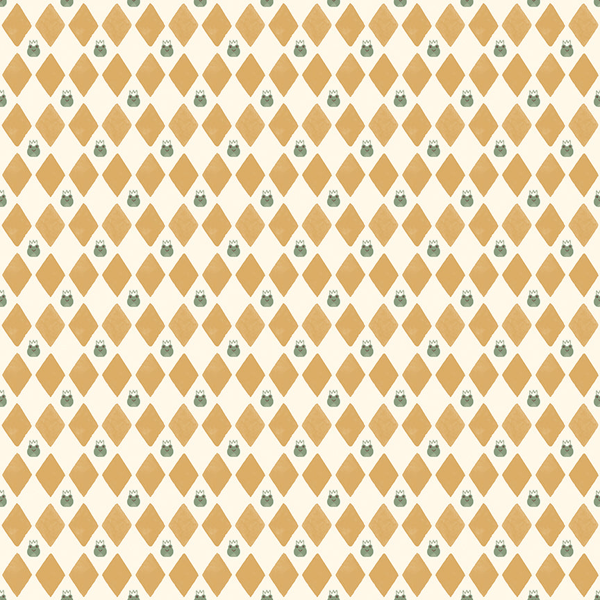 Cotton fabric faraway kingdom collection fairy tale harlequin pattern of dark yellow diamonds and dragons on a light creme /sand background