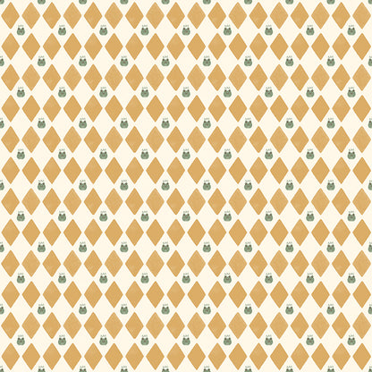 Cotton fabric faraway kingdom collection fairy tale harlequin pattern of dark yellow diamonds and dragons on a light creme /sand background