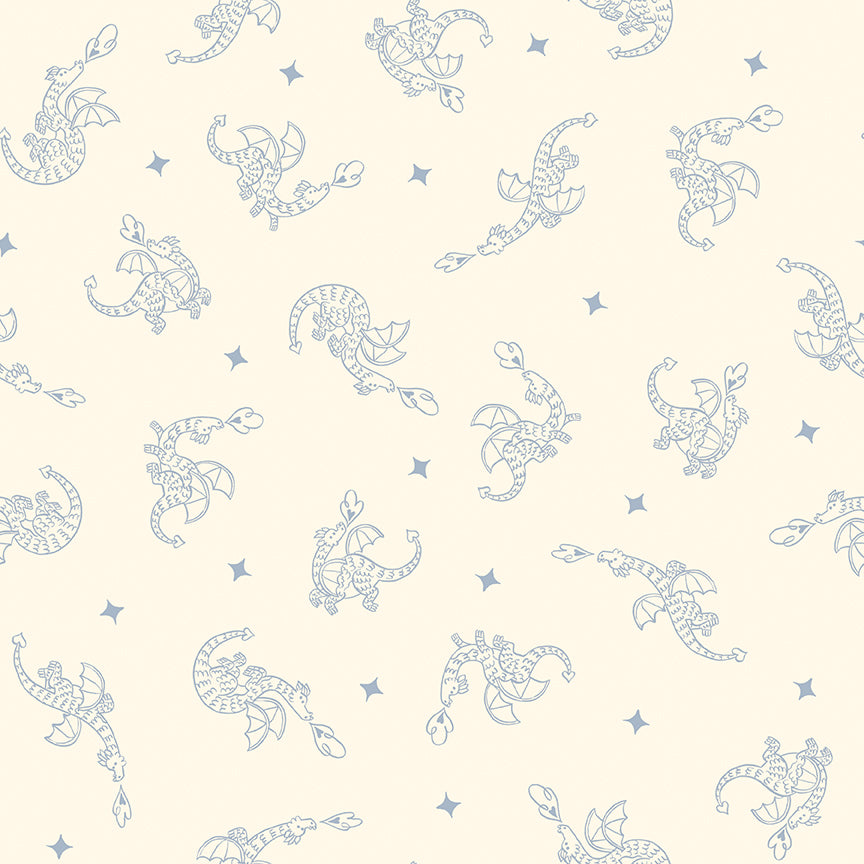 Cotton fabric faraway kingdom collection fairy tale fantasy pattern with cartoon like fire breathing dragons on a  creme / sand colored background