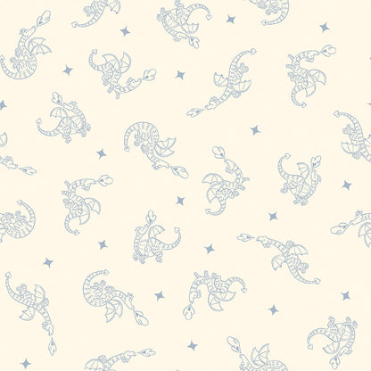 Cotton fabric faraway kingdom collection fairy tale fantasy pattern with cartoon like fire breathing dragons on a  creme / sand colored background