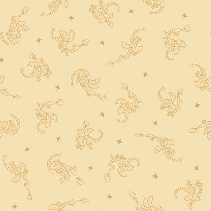 Cotton fabric faraway kingdom collection fairy tale fantasy pattern with cartoon like fire breathing dragons on a  light yellow / sunshine background