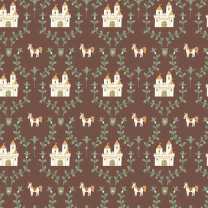 Cotton fabric faraway kingdom collection fairy tale fantasy pattern with castles and  horses, outlined by green leaves on a brown / cocoa background