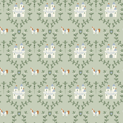Cotton fabric faraway kingdom collection fairy tale fantasy pattern with castles and  horses, outlined by green leaves on a light green background