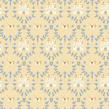Cotton fabric faraway kingdom collection fairy tale fantasy pattern with castles and  horses, outlined by green leaves on a light yellow background