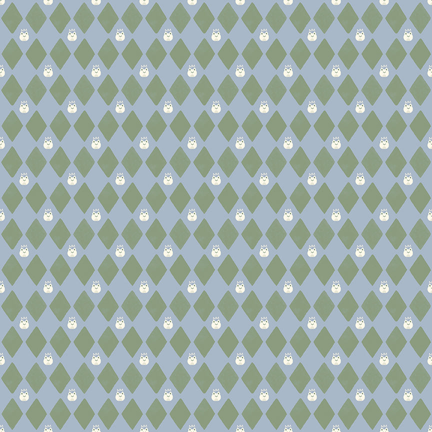 Cotton fabric faraway kingdom collection fairy tale harlequin pattern of green diamonds and dragons on a sky blue background