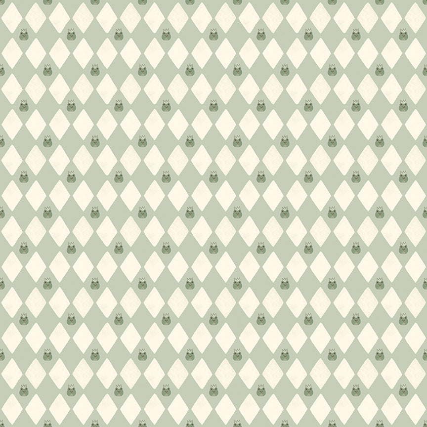 Cotton fabric faraway kingdom collection fairy tale harlequin pattern of light creme diamonds and dragons on a light green background