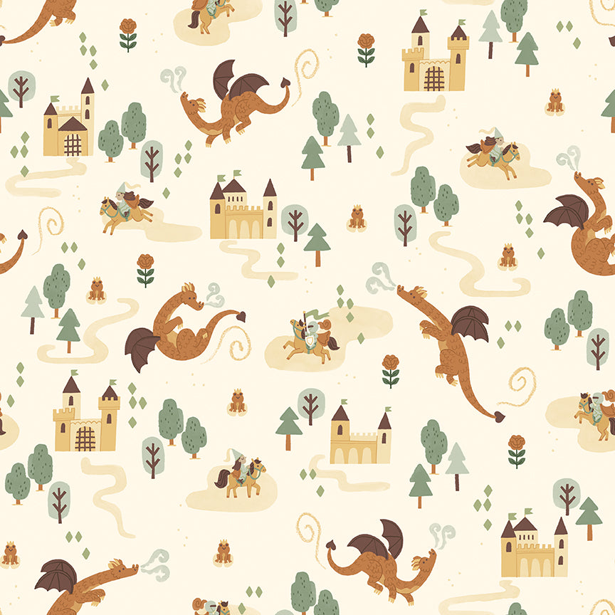 Cotton fabric faraway kingdom collection fairy tale fantasy pattern with dragons, castles, and knights on a creme colored/sand background