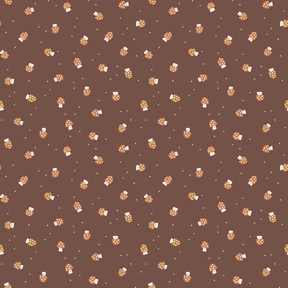 Cotton fabric faraway kingdom fairy tale collection pattern of scattered  mushrooms with spotted mushroom caps on a brown / cocoa background