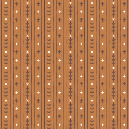 Cotton fabric faraway kingdom fairy tale collection pattern of vertical lines meant to depict a Royal pattern of with vertical lines with small vines and diamonds on a light brown background