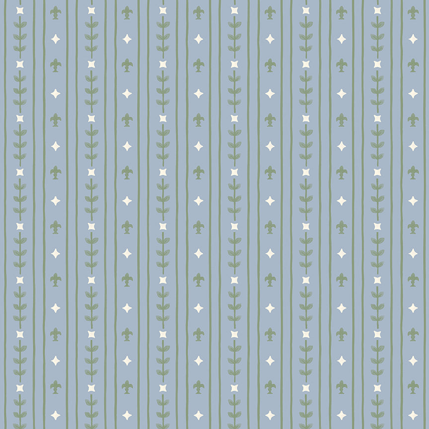 Cotton fabric faraway kingdom fairy tale collection pattern of vertical lines meant to depict a Royal pattern of with vertical lines with small vines and diamonds on a sky bluen background