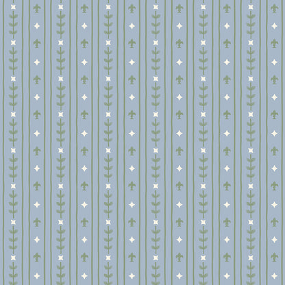 Cotton fabric faraway kingdom fairy tale collection pattern of vertical lines meant to depict a Royal pattern of with vertical lines with small vines and diamonds on a sky bluen background