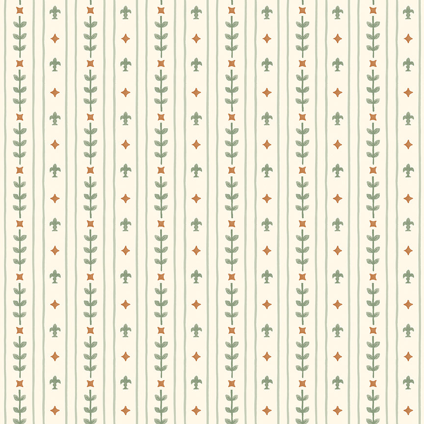 Cotton fabric faraway kingdom fairy tale collection pattern of vertical lines meant to depict a Royal pattern of with vertical lines with small vines and diamonds on a light creme background