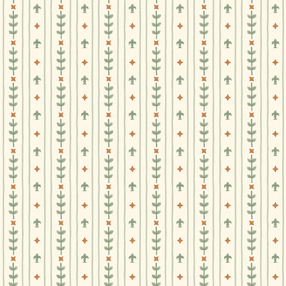 Cotton fabric faraway kingdom fairy tale collection pattern of vertical lines meant to depict a Royal pattern of with vertical lines with small vines and diamonds on a light creme background