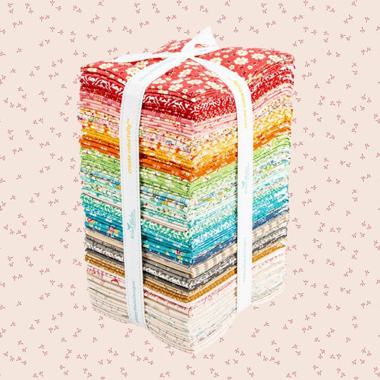 This Fat Quarter precut bundle includes 54 pieces from the Farmer's Daughter collection by Lori Holt. Backgrounds are included. Farmer's Daughter is a nostalgic fabric collection and series of quilt kits designed by Lori Holt for Riley Blake Designs. The collection features vintage florals, classic checks, and rural motifs like chickens, tractors, and barns in a palette of rosy reds, buttery yellows, and sky blues
