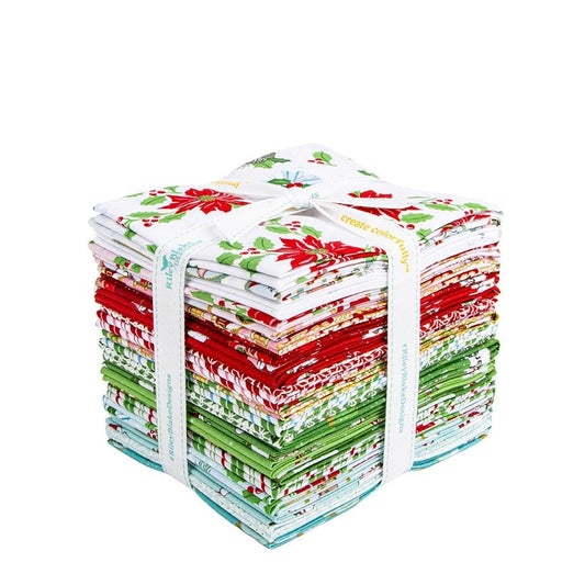 Fat quarter bundle, 24 pieces from The Claus & Co. collection by Melissa Mortenson for Riley Blake Designs captures the nostalgic magic of an imagined North Pole. This festive line features whimsical houses, vintage ornaments, poinsettias, and candy canes in a charming storybook color palette.