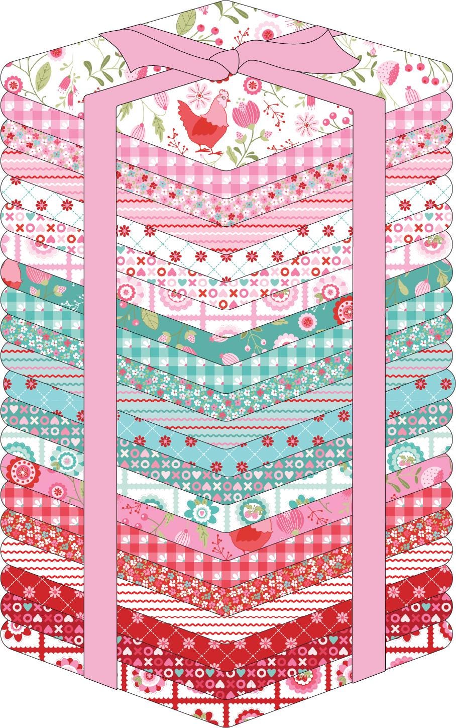 The Smitten Chicken collection by Lori Woods for Poppie Cotton is a cheerful, countryside-inspired fabric line. It features a lively color palette of red, pink, aqua, and white. It is ideal for quilts, kitchen projects, tea towels, and aprons.
