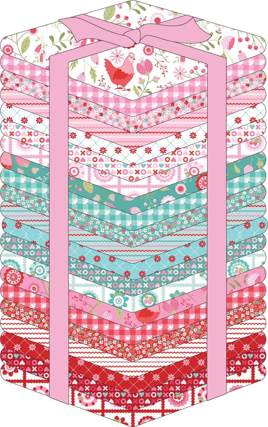 The Smitten Chicken collection by Lori Woods for Poppie Cotton is a cheerful, countryside-inspired fabric line. It features a lively color palette of red, pink, aqua, and white. It is ideal for quilts, kitchen projects, tea towels, and aprons.