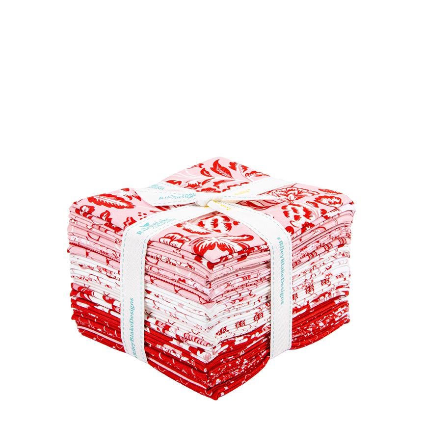A fat quarter bundle of Letters to Cupid fabric collection,  a romantic, Valentine-themed line designed by My Mind's Eye for Riley Blake Designs. The collection features a classic color palette of cream, red, and blush pink, with motifs including fluttering cupids, delicate florals, love birds, timeless stripes, and playful X’s and O’s