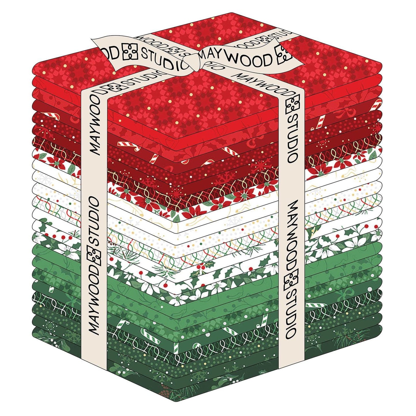 Fat quarter bundle from The Merry Mix collection by Maywood Studio features a classic Christmas color palette of snow white, berry red, and holly green. It is characterized by nostalgic holiday motifs, prancing reindeer, and florals, all elevated with shimmering metallic gold and silver accent