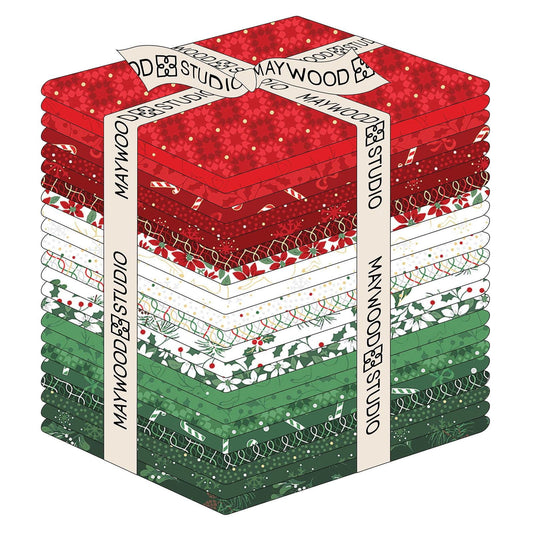 Fat quarter bundle from The Merry Mix collection by Maywood Studio features a classic Christmas color palette of snow white, berry red, and holly green. It is characterized by nostalgic holiday motifs, prancing reindeer, and florals, all elevated with shimmering metallic gold and silver accent