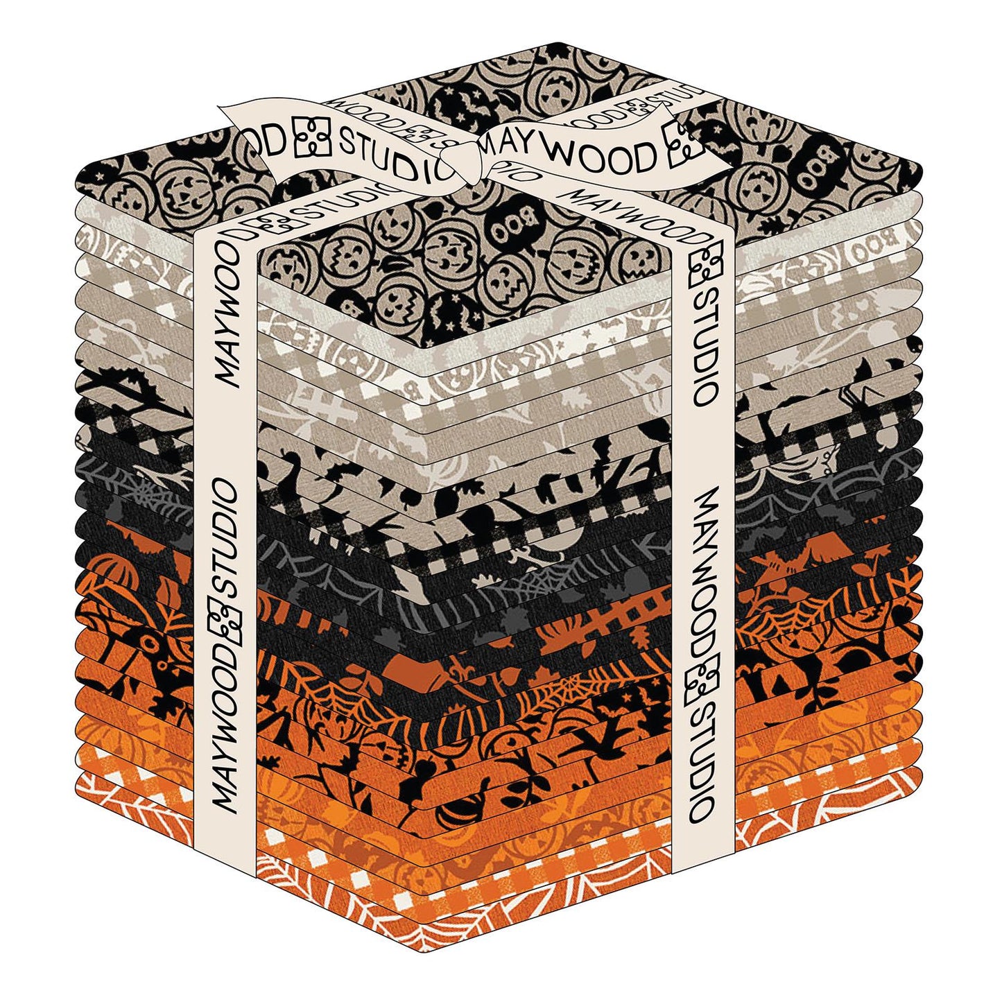 The Pumpkin Grove collection by Maywood Studio is a rustic, farmhouse-inspired Halloween fabric line featuring classic spooky motifs with textured backgrounds. The collection's color palette is black, cream, orange, tan, and grey. 
Fat quarter Bundle includes 22 pieces