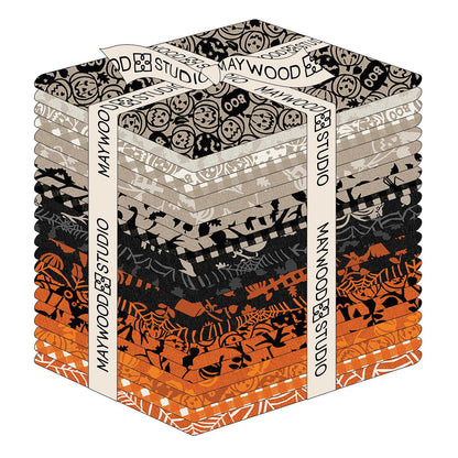 The Pumpkin Grove collection by Maywood Studio is a rustic, farmhouse-inspired Halloween fabric line featuring classic spooky motifs with textured backgrounds. The collection's color palette is black, cream, orange, tan, and grey. 
Fat quarter Bundle includes 22 pieces