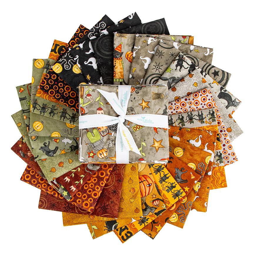 Fat Quarter Fabric Bundle The Spooky fabric collection by Teresa Kogut for Riley Blake Designs is a whimsical, folk-art-inspired Halloween line featuring ghosts, cats, pumpkins, and a haunted aesthetic in a palette of tombstone gray, rusty oak, green, black, and orange.