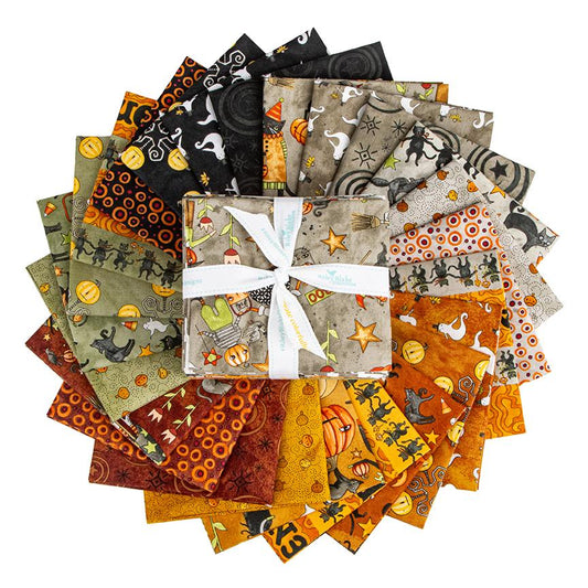 Fat Quarter Fabric Bundle The Spooky fabric collection by Teresa Kogut for Riley Blake Designs is a whimsical, folk-art-inspired Halloween line featuring ghosts, cats, pumpkins, and a haunted aesthetic in a palette of tombstone gray, rusty oak, green, black, and orange.