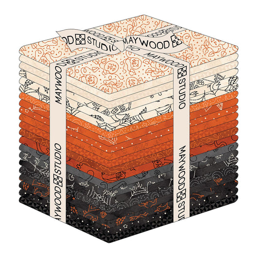 Spooky Stitches by Robin Kingsley of Bird Brain Designs for Maywood Studio is a whimsical, Halloween-themed fabric collection inspired by classic redwork embroidery. The collection features a cozy, high-contrast palette of charcoal, cream, and vibrant orange, with designs that include sketched haunted houses, black cats, bats, spiders, and playful Halloween text