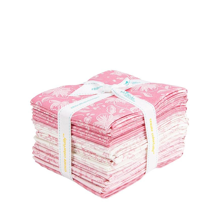 This Fat quarter bundle includes 18 pieces from The Sweet Pink collection by My Mind’s Eye for Riley Blake Designs is a soft, feminine fabric line characterized by a romantic and nostalgic aesthetic. It features a delicate palette of blush, rose, and cream, centered around vintage-inspired motifs like dainty florals and classic gingham.
-