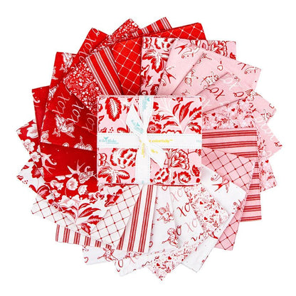 A fat quarter bundle of Letters to Cupid fabric collection,  a romantic, Valentine-themed line designed by My Mind's Eye for Riley Blake Designs. The collection features a classic color palette of cream, red, and blush pink, with motifs including fluttering cupids, delicate florals, love birds, timeless stripes, and playful X’s and O’s