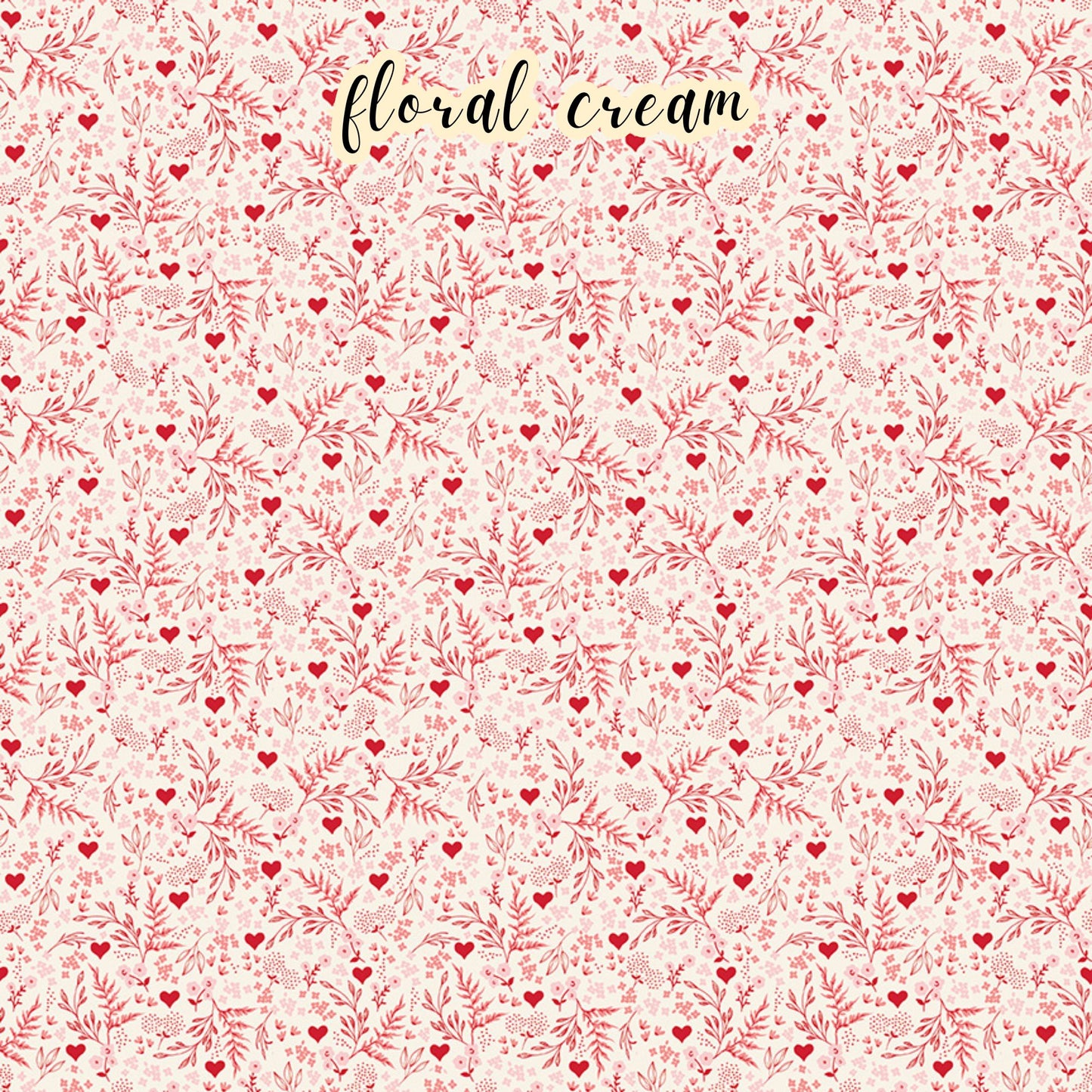 The Letters to Cupid fabric collection, the floral creme pattern features red florals and vines with hearts on a creme colored background. This 100% cotton quilting fabric is 43"/44" wide and is suitable for quilting, apparel, and home decor.