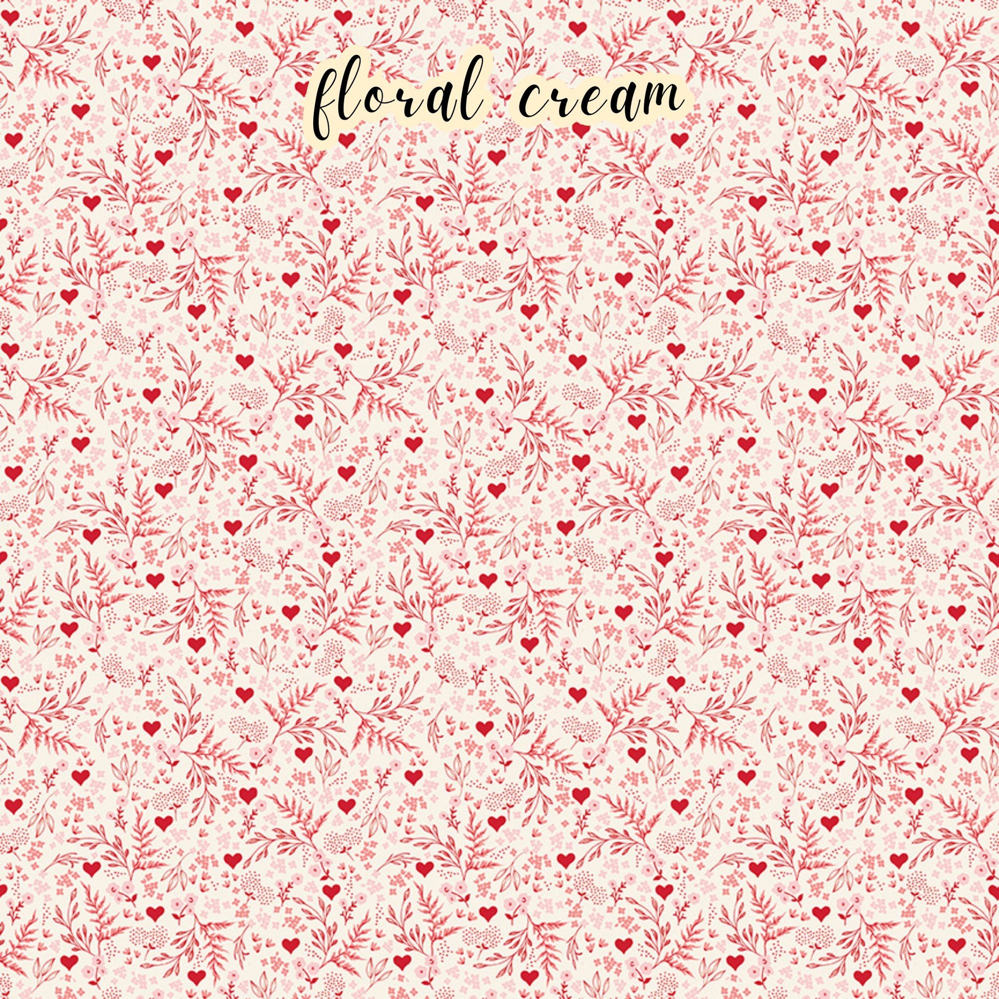 The Letters to Cupid fabric collection, the floral creme pattern features red florals and vines with hearts on a creme colored background. This 100% cotton quilting fabric is 43"/44" wide and is suitable for quilting, apparel, and home decor.