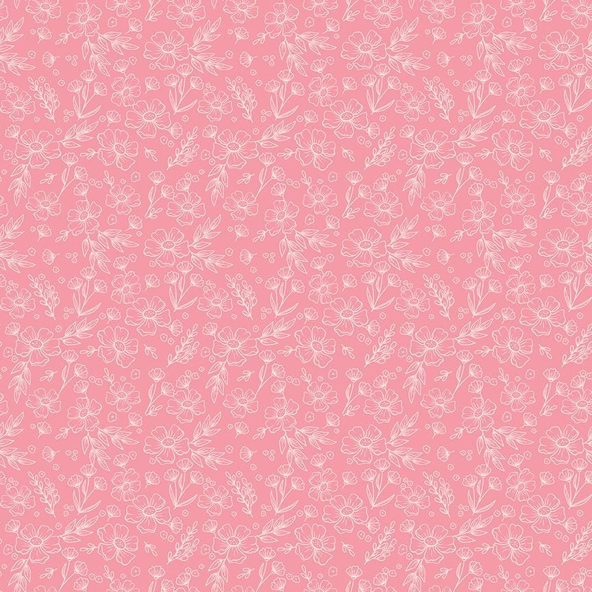 This floral pink pattern from The Sweet Pink collection by My Mind’s Eye for Riley Blake Designs is one of  3 floral patterns in the collection that are a medium-scale floral design serving as a beautiful coordinate or secondary focus for quilting blocks. This image has a pink background