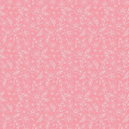 This floral pink pattern from The Sweet Pink collection by My Mind’s Eye for Riley Blake Designs is one of  3 floral patterns in the collection that are a medium-scale floral design serving as a beautiful coordinate or secondary focus for quilting blocks. This image has a pink background