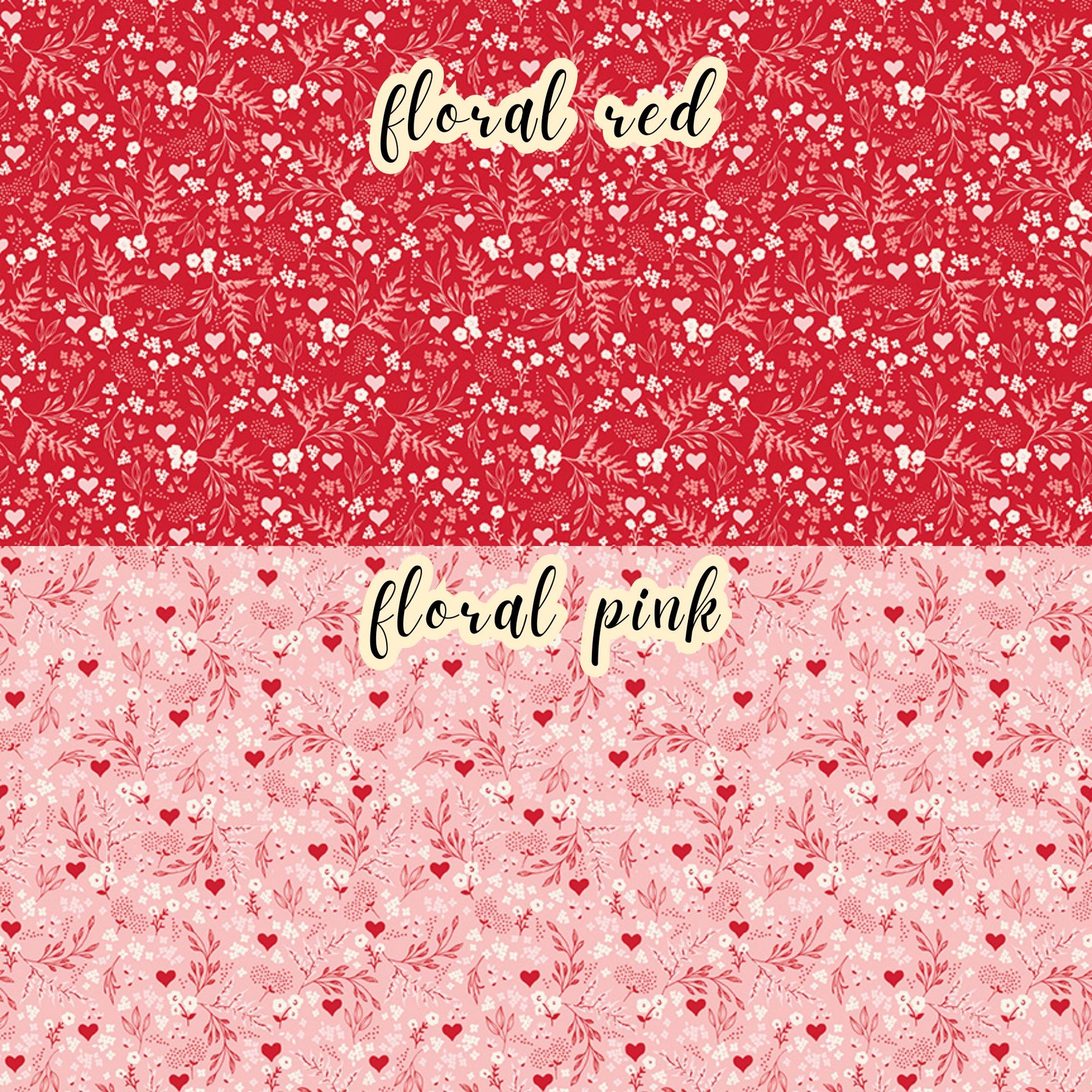 The Letters to Cupid fabric collection, this image features 2 patterns in the collection the floral red and the floral pink.  There are florals and vines with hearts on a red and a pink colored background. This 100% cotton quilting fabric is 43"/44" wide and is suitable for quilting, apparel, and home decor.