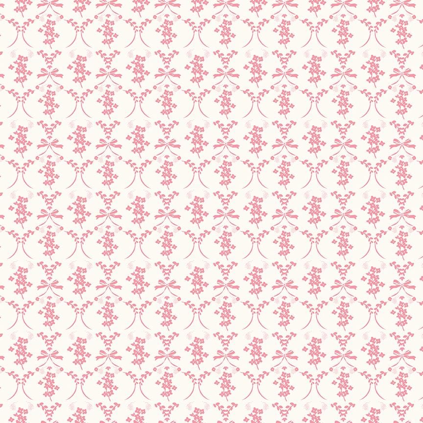 This flowers and bows cream pattern from The Sweet Pink collection by My Mind’s Eye for Riley Blake Designs is one of 3 patterns in the collection which feature a delicate, romantic pattern featuring ribbons and small flowers. This image has a blush colored background