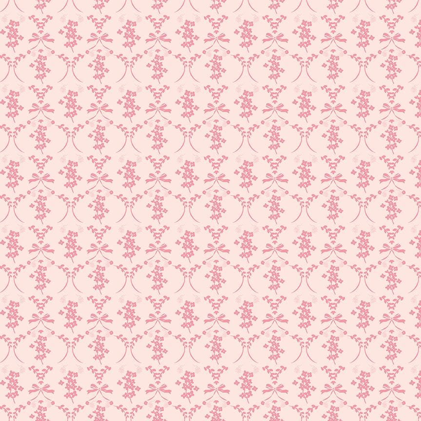 This flowers and bows blush pattern from The Sweet Pink collection by My Mind’s Eye for Riley Blake Designs is one of 3 patterns in the collection which feature a delicate, romantic pattern featuring ribbons and small flowers. This image has a blush colored background