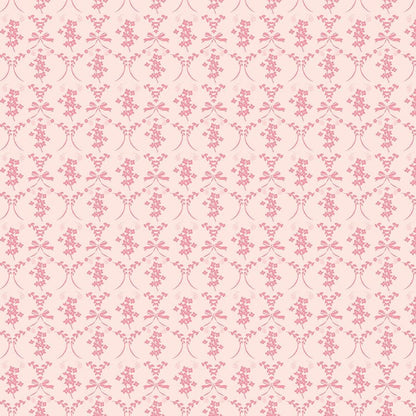 This flowers and bows blush pattern from The Sweet Pink collection by My Mind’s Eye for Riley Blake Designs is one of 3 patterns in the collection which feature a delicate, romantic pattern featuring ribbons and small flowers. This image has a blush colored background
