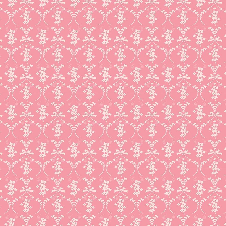 This flowers and bows pink pattern from The Sweet Pink collection by My Mind’s Eye for Riley Blake Designs is one of 3 patterns in the collection which feature a delicate, romantic pattern featuring ribbons and small flowers. This image has a blush colored background