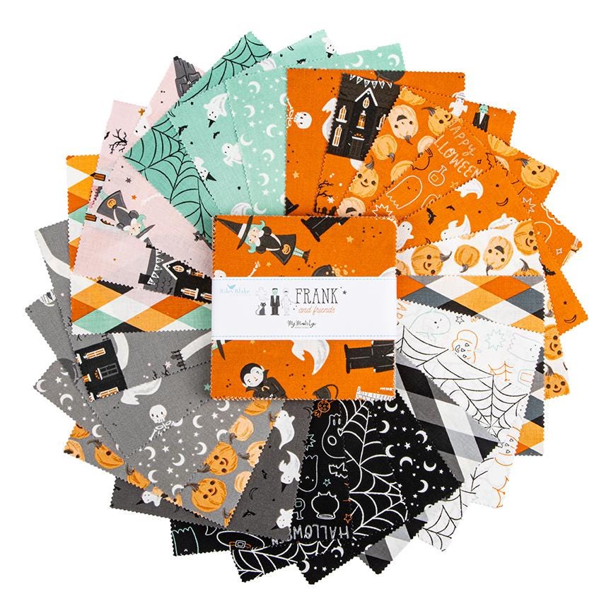 This 5" charm pack is from the Frank and Friends fabric collection by My Mind's Eye for Riley Blake Designs which is a whimsical, "delightfully spooky" Halloween-themed collection featuring playful monsters, charming characters, and vintage-inspired designs. The collection uses a unique palette of orange, charcoal, blush, mint, and ghostly gray, with many black fabrics featuring glow-in-the-dark elements