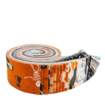 This Rolie Polie is a 2 1/2" strip precut bundle with 40 pieces from the Frank and Friends fabric collection by My Mind's Eye for Riley Blake Designs. The collection is a whimsical, "delightfully spooky" Halloween-themed collection featuring playful monsters, charming characters, and vintage-inspired designs. The collection uses a unique palette of orange, charcoal, blush, mint, and ghostly gray, with many black fabrics featuring glow-in-the-dark elements2