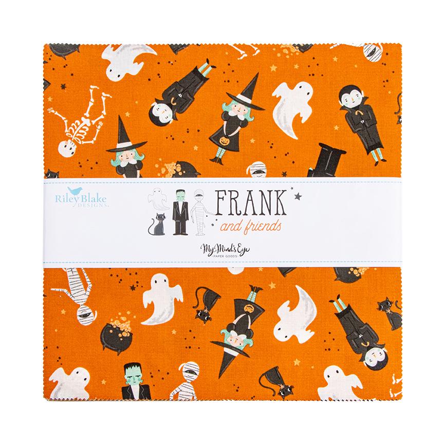 The Frank and Friends Halloween fabric collection by My Mind's Eye for Riley Blake Designs is a whimsical, "delightfully spooky" Halloween-themed collection featuring playful monsters, charming characters, and vintage-inspired designs. The collection uses a unique palette of orange, charcoal, blush, mint, and ghostly gray, with many black fabrics featuring glow-in-the-dark elements.