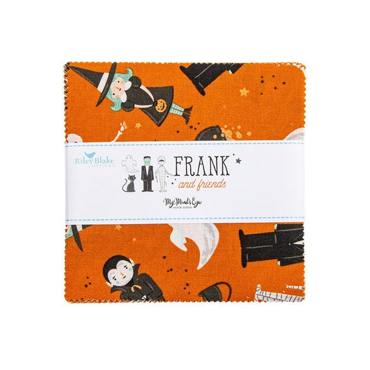 This 5" charm pack is from the Frank and Friends fabric collection by My Mind's Eye for Riley Blake Designs which is a whimsical, "delightfully spooky" Halloween-themed collection featuring playful monsters, charming characters, and vintage-inspired designs. The collection uses a unique palette of orange, charcoal, blush, mint, and ghostly gray, with many black fabrics featuring glow-in-the-dark elements