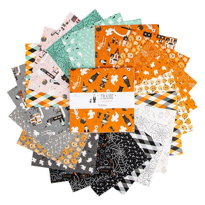 The Frank and Friends Halloween fabric collection by My Mind's Eye for Riley Blake Designs is a whimsical, "delightfully spooky" Halloween-themed collection featuring playful monsters, charming characters, and vintage-inspired designs. The collection uses a unique palette of orange, charcoal, blush, mint, and ghostly gray, with many black fabrics featuring glow-in-the-dark elements.