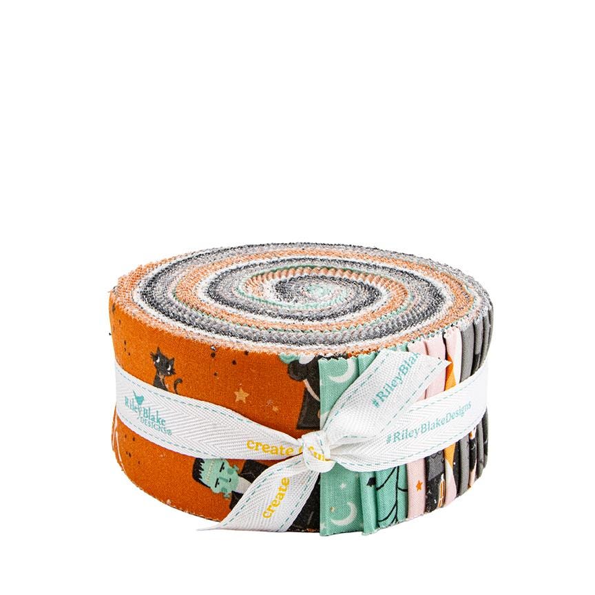 This Rolie Polie is a 2 1/2" strip precut bundle with 40 pieces from the Frank and Friends fabric collection by My Mind's Eye for Riley Blake Designs. The collection is a whimsical, "delightfully spooky" Halloween-themed collection featuring playful monsters, charming characters, and vintage-inspired designs. The collection uses a unique palette of orange, charcoal, blush, mint, and ghostly gray, with many black fabrics featuring glow-in-the-dark elements2