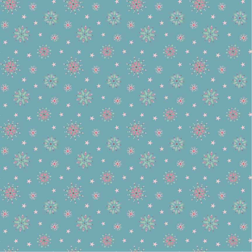 Frost and Flurry is a lovely winter wonderland collection of snowmen, reindeer, owls, fox, ornaments, snowflakes, tossed flowers and winter berries. This pattern is flurry flakes clusters (also called snowflake prints)
has Scattered or evenly spaced snowflakes with a Mix of sizes (small + medium flakes) Often slightly stylized or whimsical rather than geometric
on a sky blue background