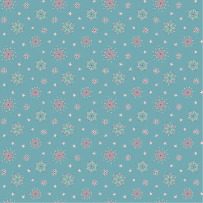 Frost and Flurry is a lovely winter wonderland collection of snowmen, reindeer, owls, fox, ornaments, snowflakes, tossed flowers and winter berries. This pattern is flurry flakes clusters (also called snowflake prints)
has Scattered or evenly spaced snowflakes with a Mix of sizes (small + medium flakes) Often slightly stylized or whimsical rather than geometric
on a sky blue background