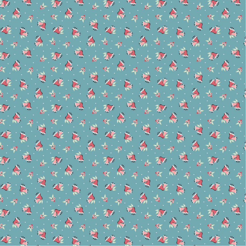 Frost and Flurry is a lovely winter wonderland collection of snowmen, reindeer, owls, fox, ornaments, snowflakes, tossed flowers and winter berries. This pattern is berries and bells repeating clusters of winter berries, holly leaves, and small bells arranged in a tossed or lightly directional pattern on a soft/icy or medium blue background with red/green berries