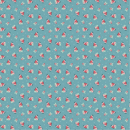 Frost and Flurry is a lovely winter wonderland collection of snowmen, reindeer, owls, fox, ornaments, snowflakes, tossed flowers and winter berries. This pattern is berries and bells repeating clusters of winter berries, holly leaves, and small bells arranged in a tossed or lightly directional pattern on a soft/icy or medium blue background with red/green berries